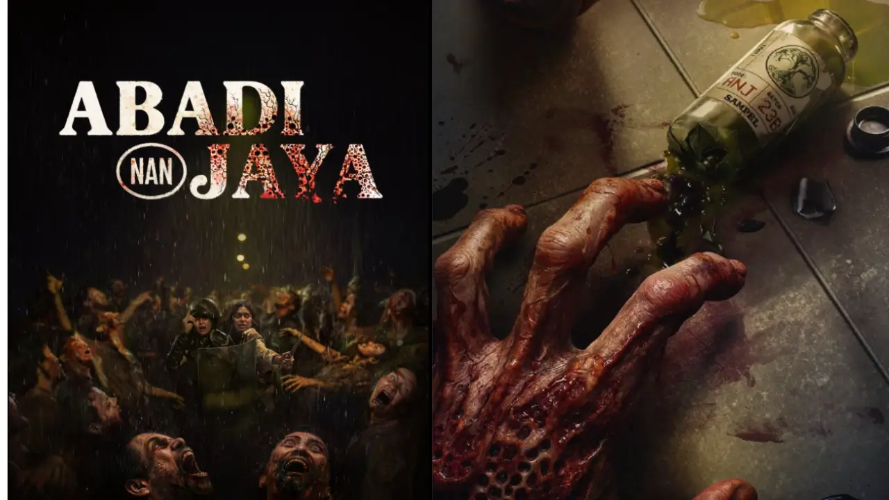Horror movie poster for "Abadadi Nan Jayaya" featuring a chaotic crowd of zombie-like figures in the rain on the left, and a decayed hand spilling green liquid from a broken bottle on the right, with dramatic red and black title text.