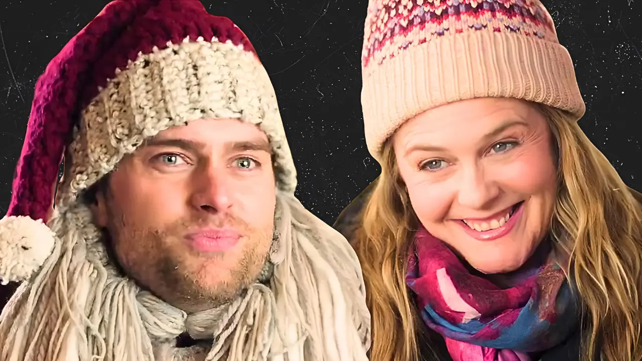 Smiling cast in festive knit hats and scarves from A Merry Little Ex Mas holiday movie.